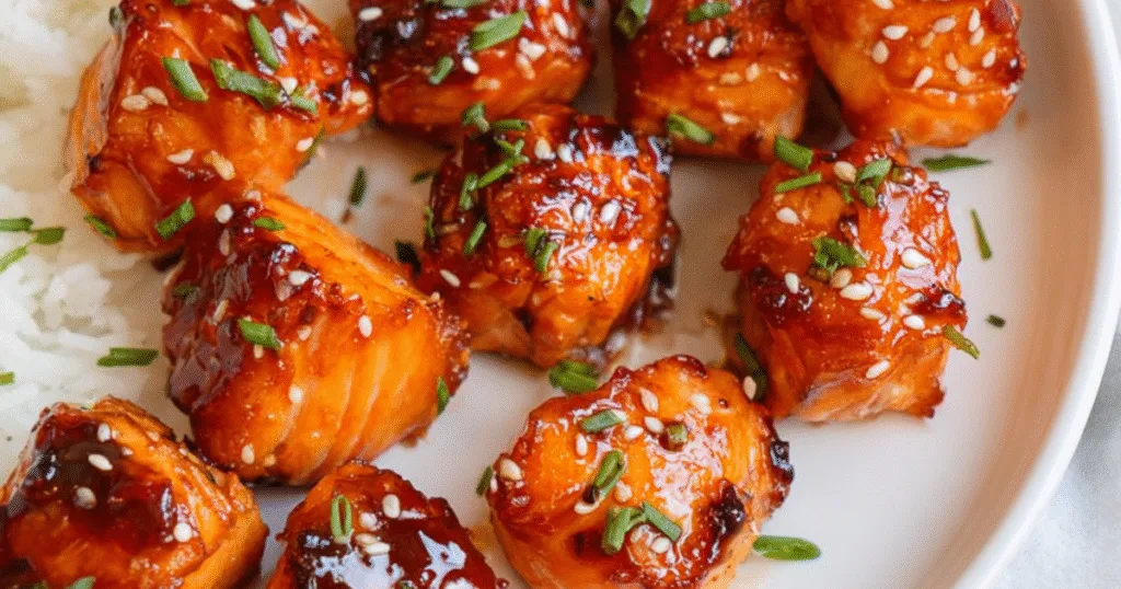 Teriyaki salmon bites with sesame seeds and chopped herbs on a white plate with rice