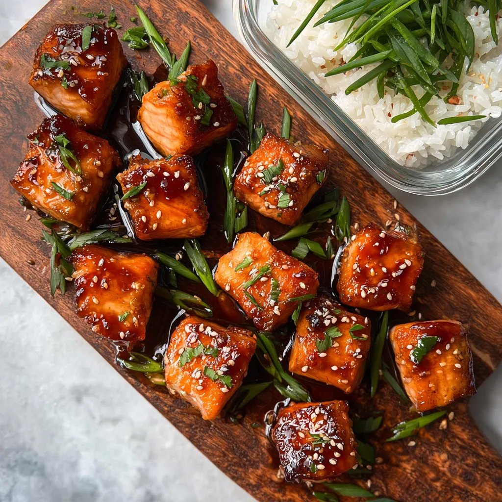 Teriyaki salmon bites on a wooden board with white rice