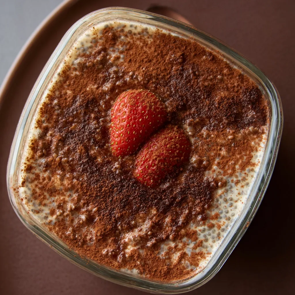 Whipped chia tiramisu parfait topped with strawberries and chia seeds