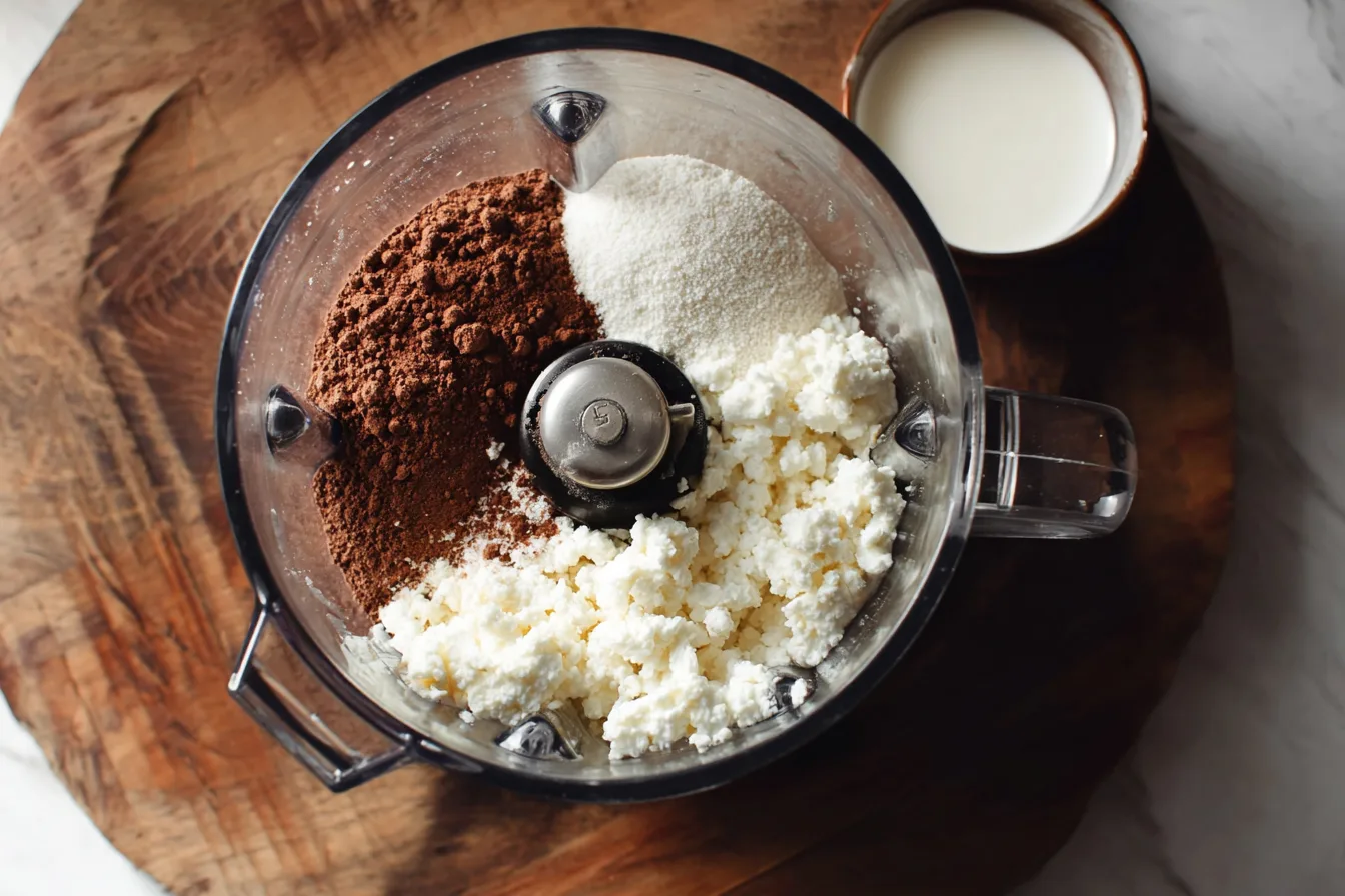 Adding ingredients for cottage cheese dessert into a blender