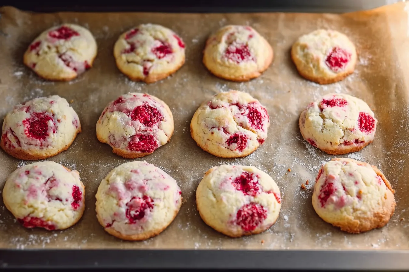 baking lemon raspberry cookies in oven tray