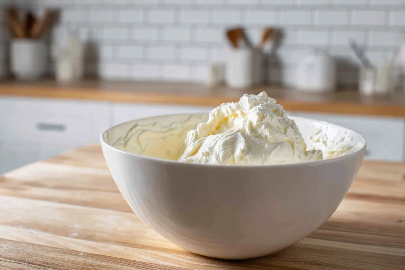 Mixing cheesecake filling for strawberry cheesecake cookies in a white ceramic bowl