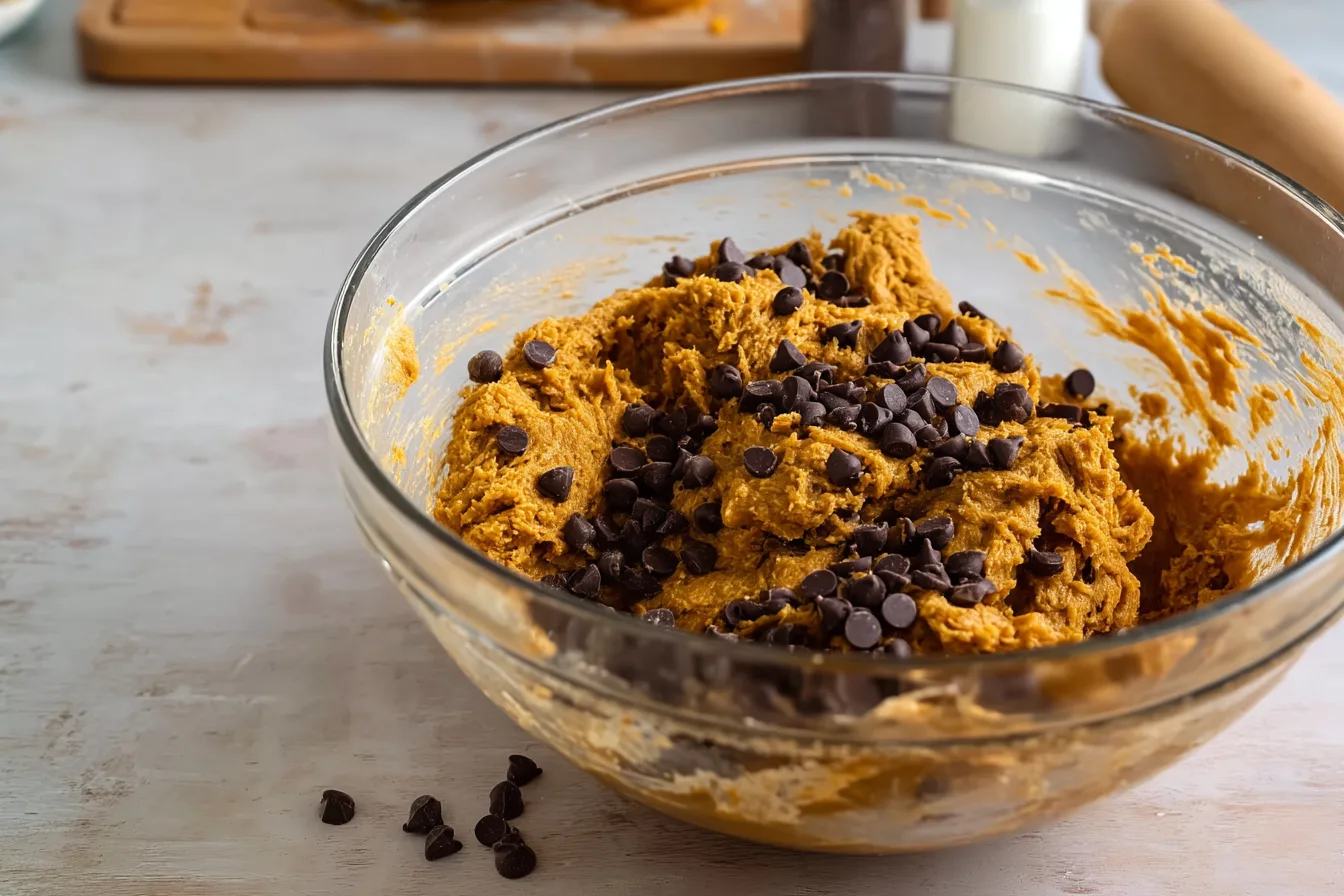 Folding chocolate chips into pumpkin protein balls dough”