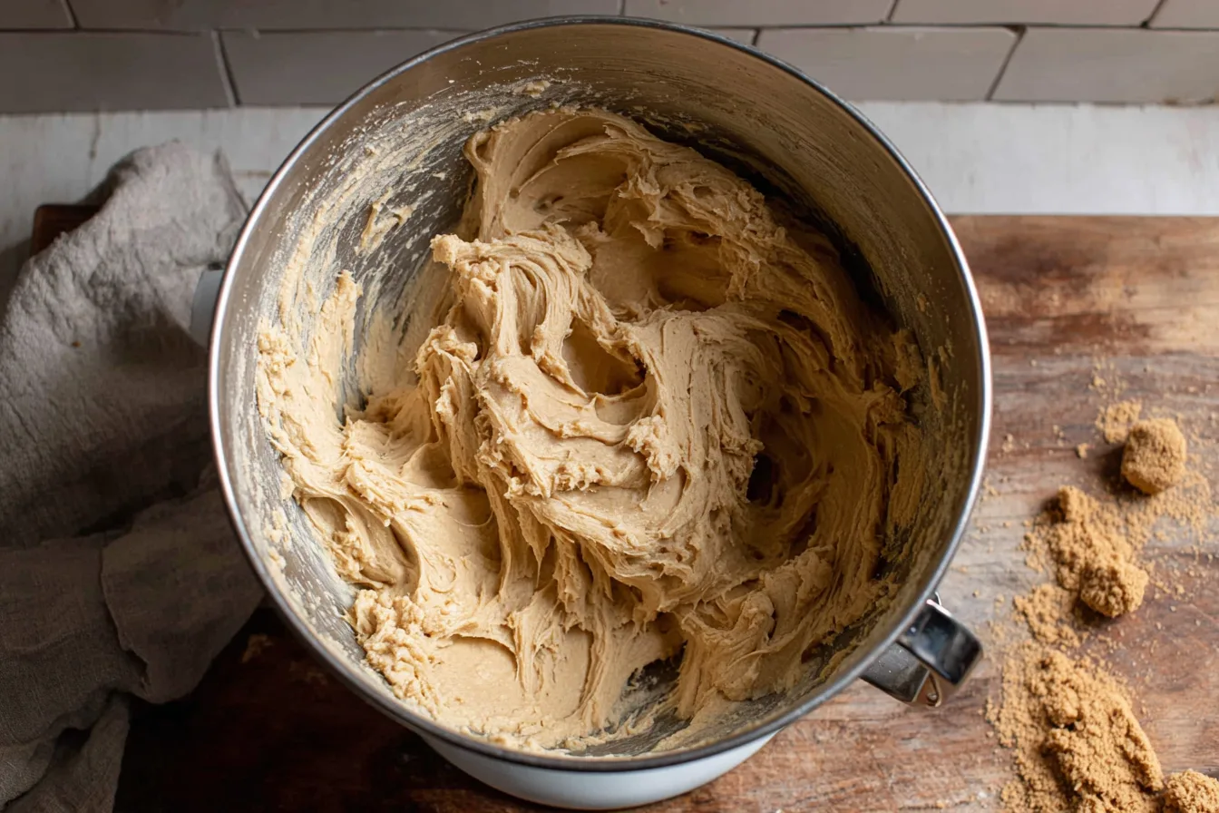Creaming cookie dough for strawberry cheesecake cookies in a rustic kitchen