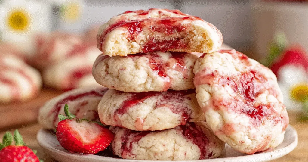 Stacked strawberry cheesecake cookies on a white plate in rustic kitchen