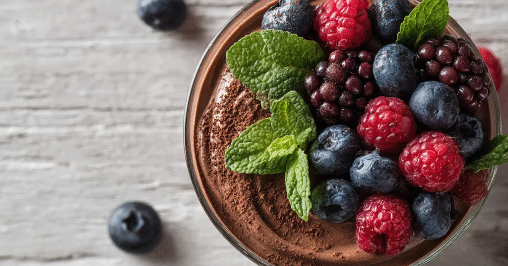 Chocolate cottage cheese dessert served in a glass bowl with berries