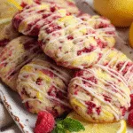 finished lemon raspberry cookies on serving tray with raspberry drizzle and lemon glaze
