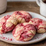 Final presentation of strawberry cheesecake cookies on white plate