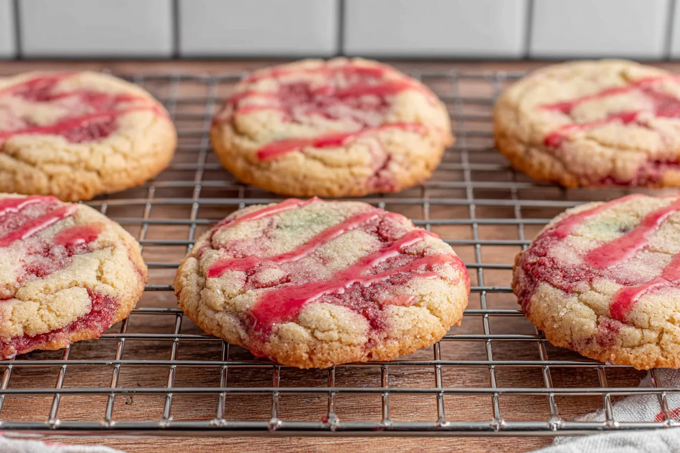 Cooling and glazing strawberry cheesecake cookies on wire rack