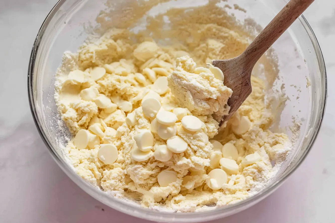 folding white chocolate or cream cheese into dough for lemon raspberry cookies