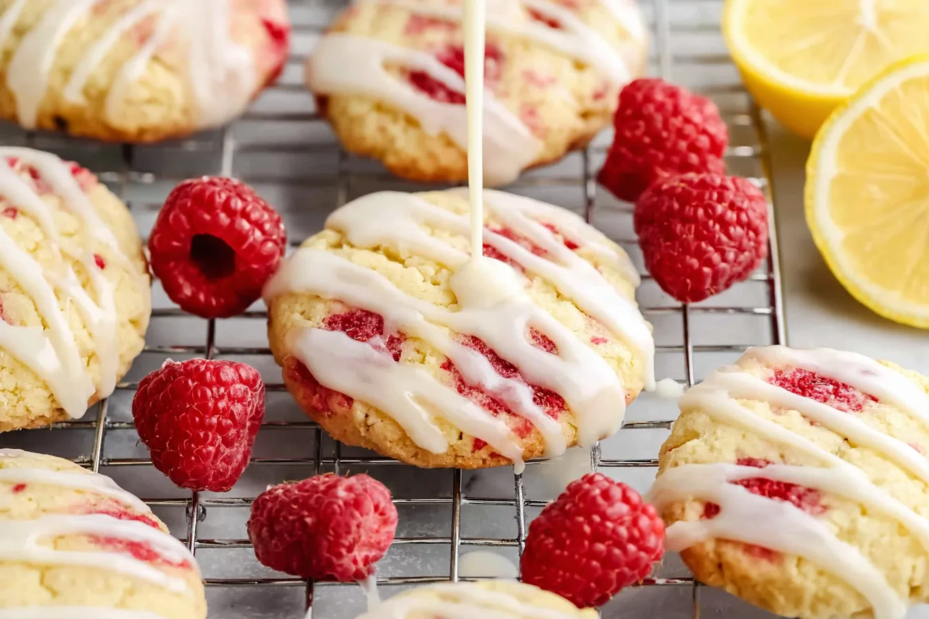 drizzling lemon glaze over lemon raspberry cookies