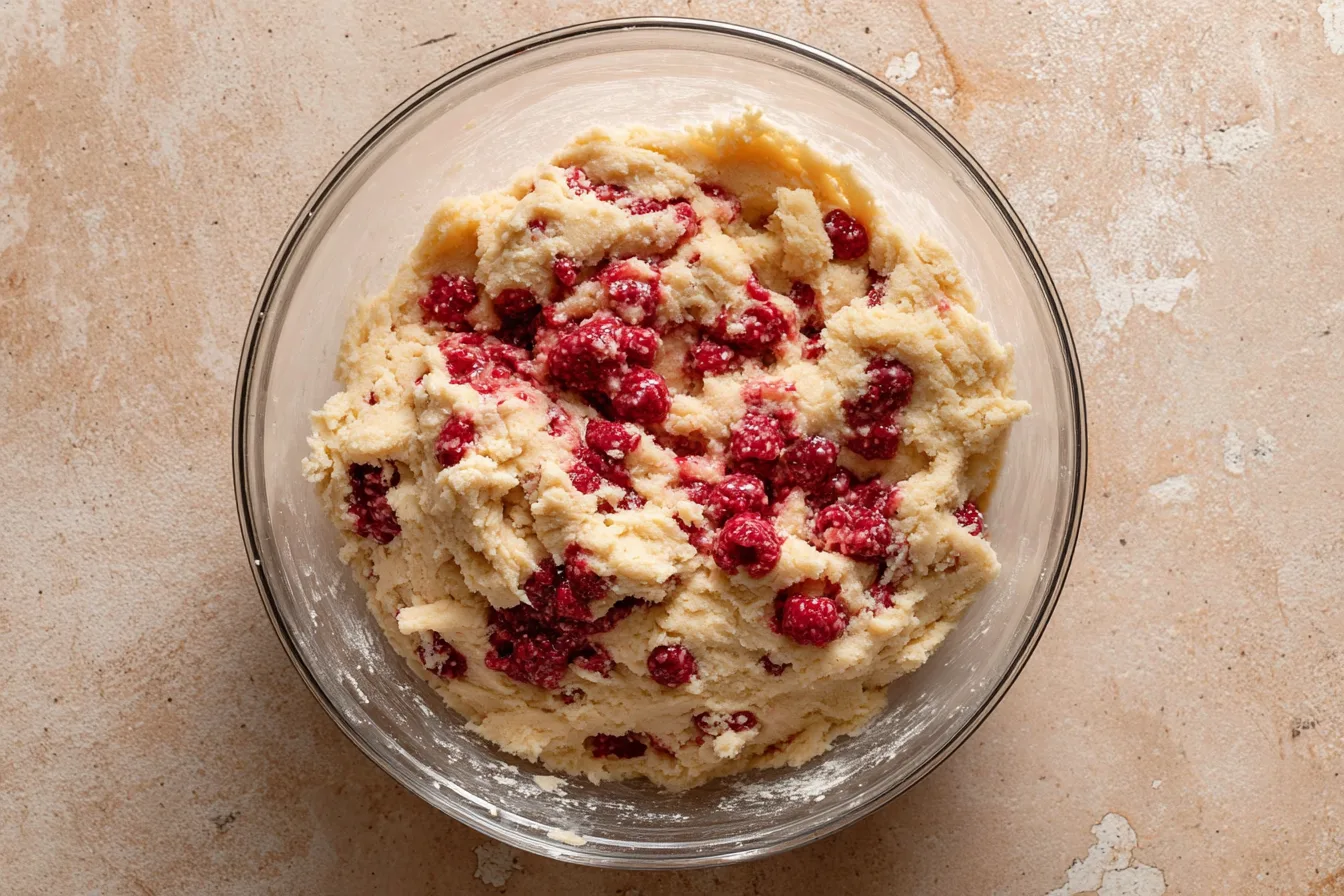 folding raspberries and jam into dough for lemon raspberry cookies