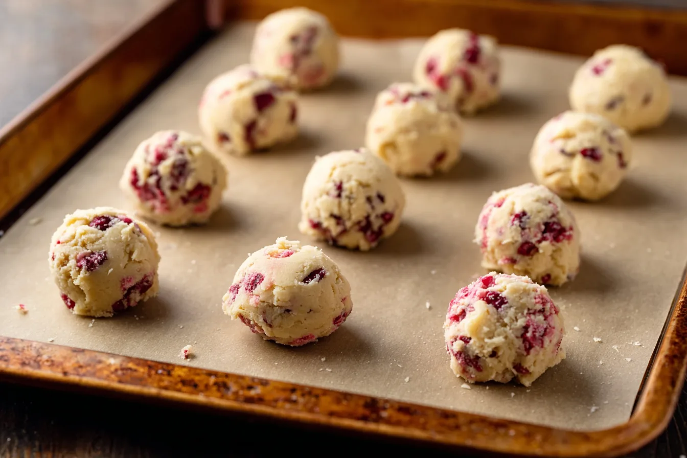scooping dough for lemon raspberry cookies onto baking sheet