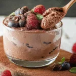 Final chocolate cottage cheese dessert with berry garnish in a clear bowl