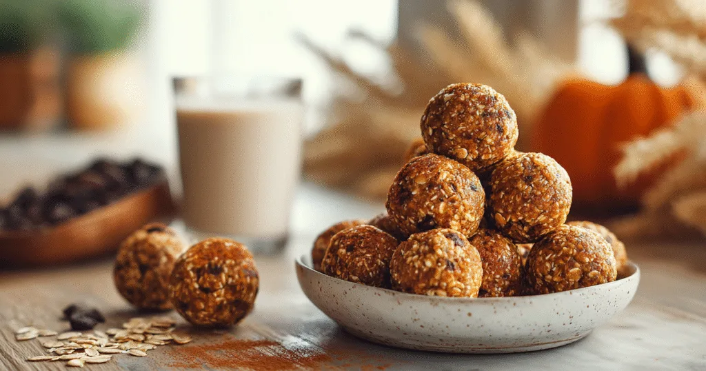 Pumpkin protein balls in cozy fall kitchen