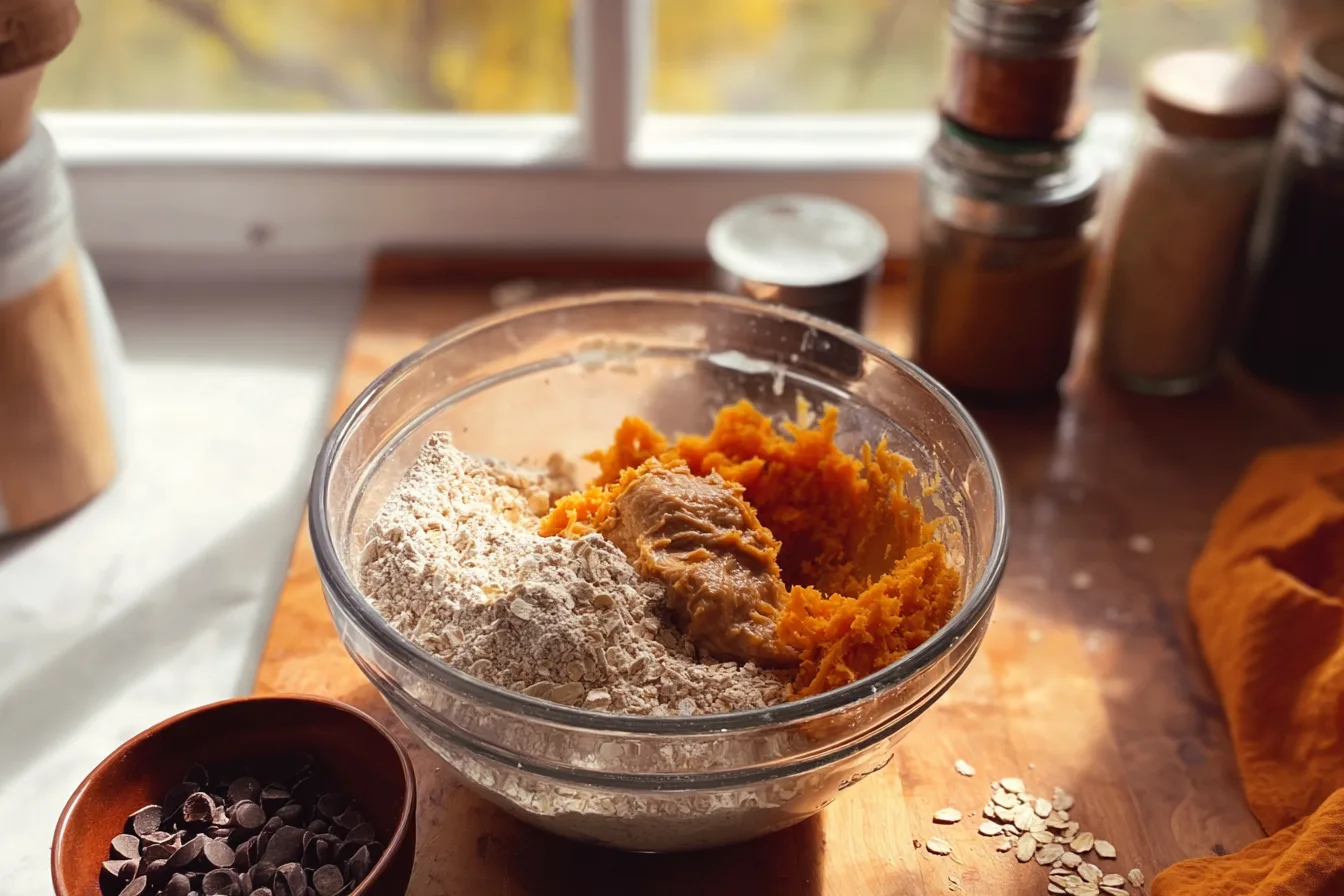 Adding pumpkin puree and nut butter to make pumpkin protein balls