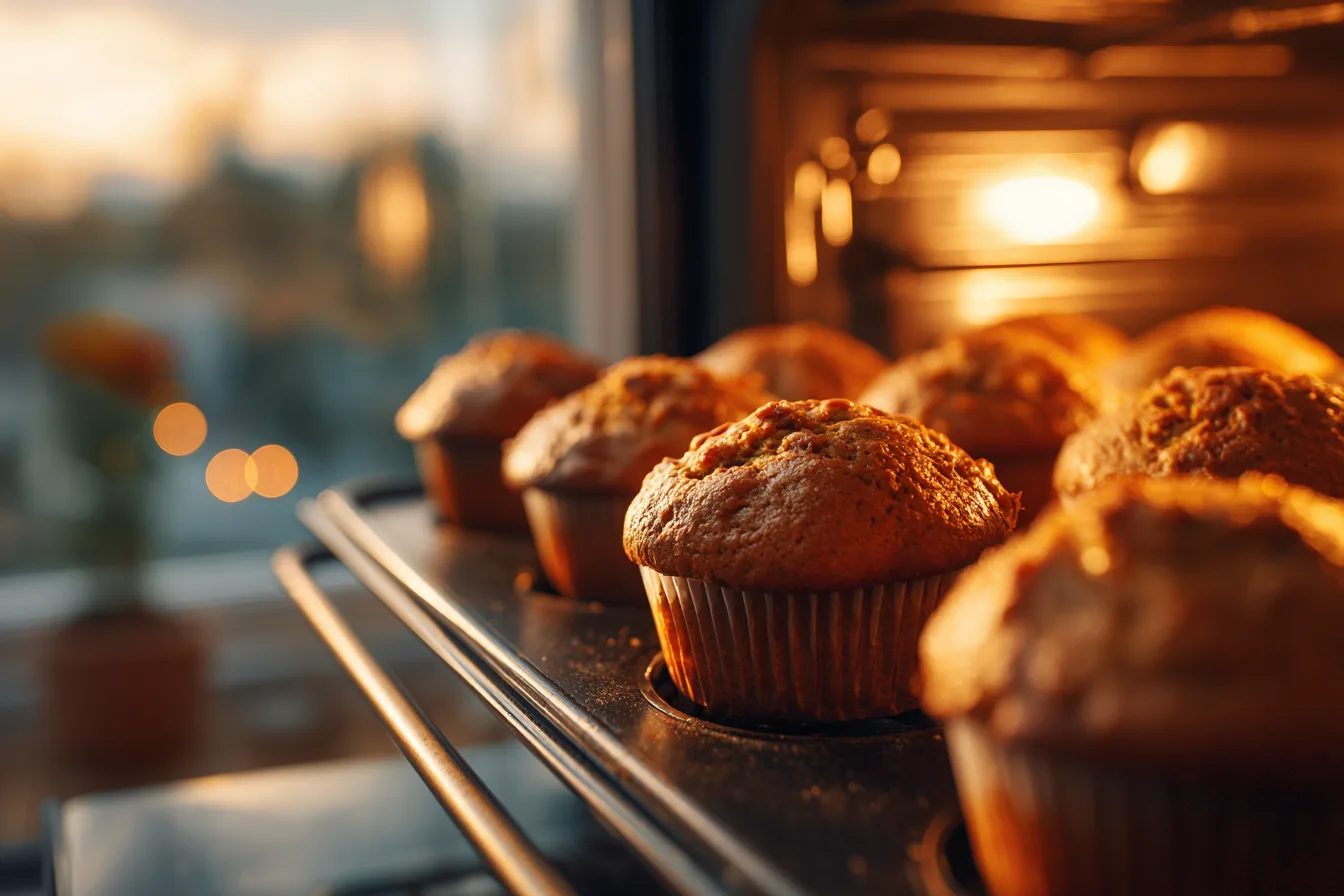 Mini pumpkin muffins baking in oven
