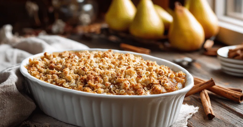 Baked pear crumble in a white dish with golden topping