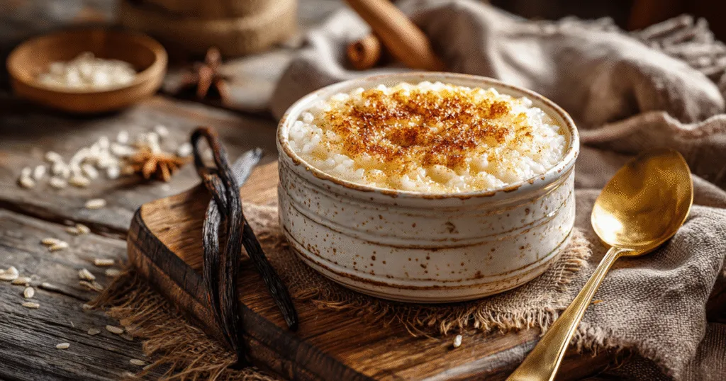 Feature image of baked rice pudding in white ceramic dish