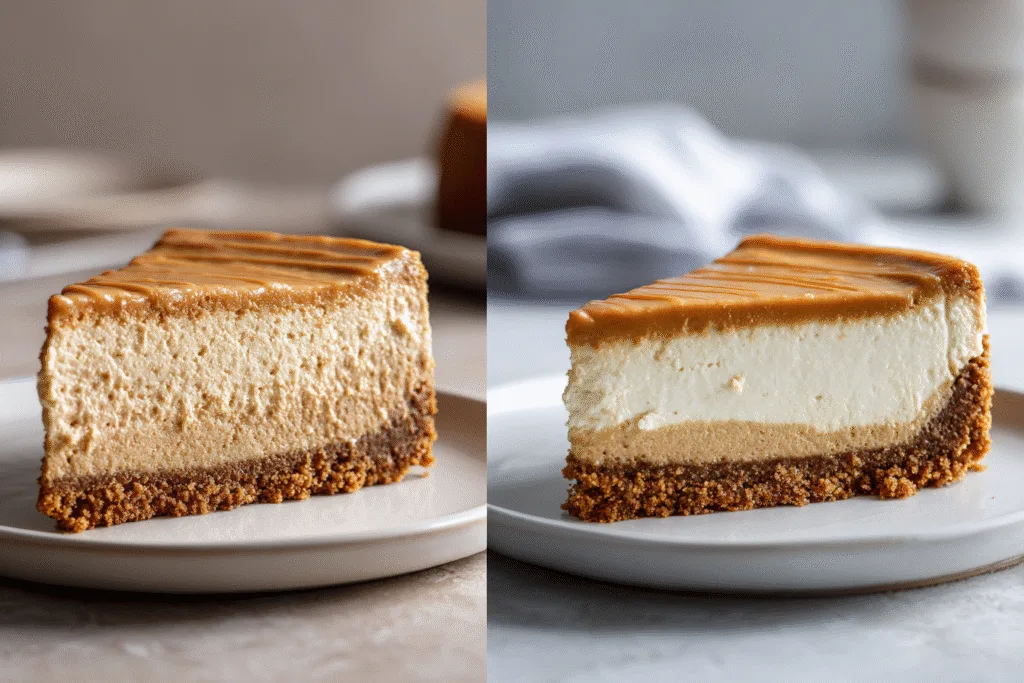 comparison of baked vs no bake biscoff cheesecake