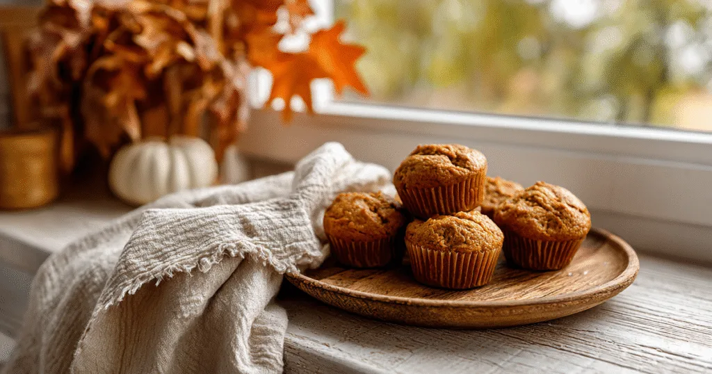 Freshly baked mini pumpkin muffins in farmhouse kitchen