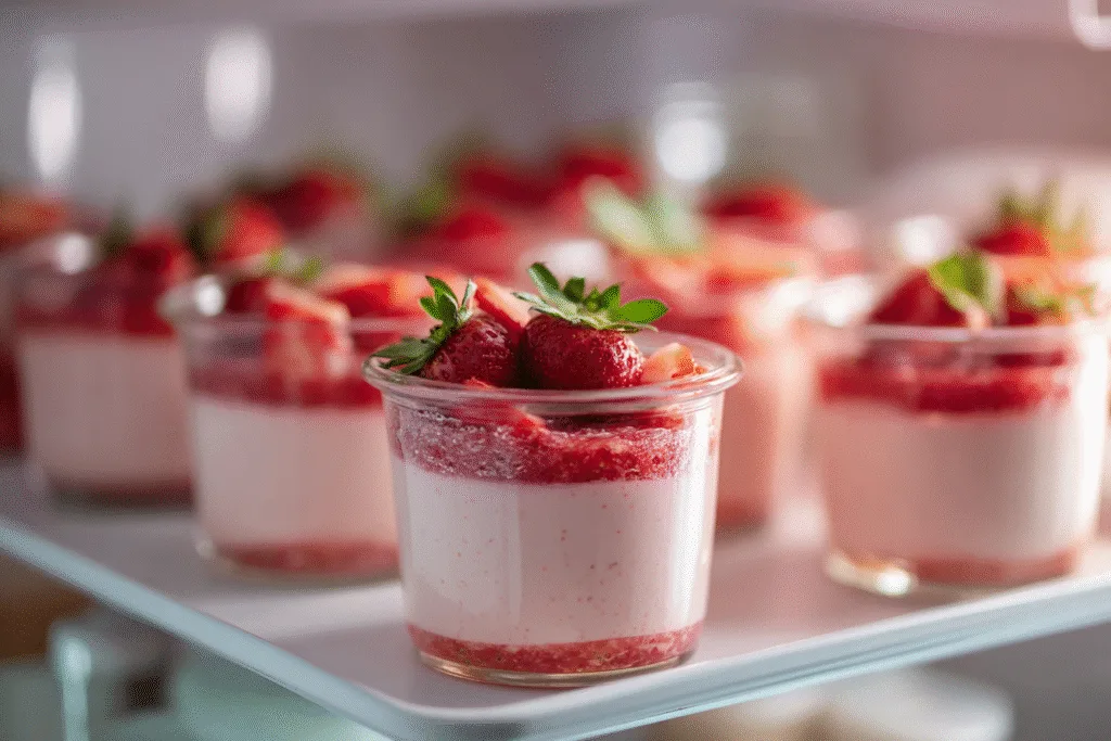 Strawberry panna cotta chilling in refrigerator