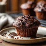 plated chocolate zucchini muffin with recipe card
