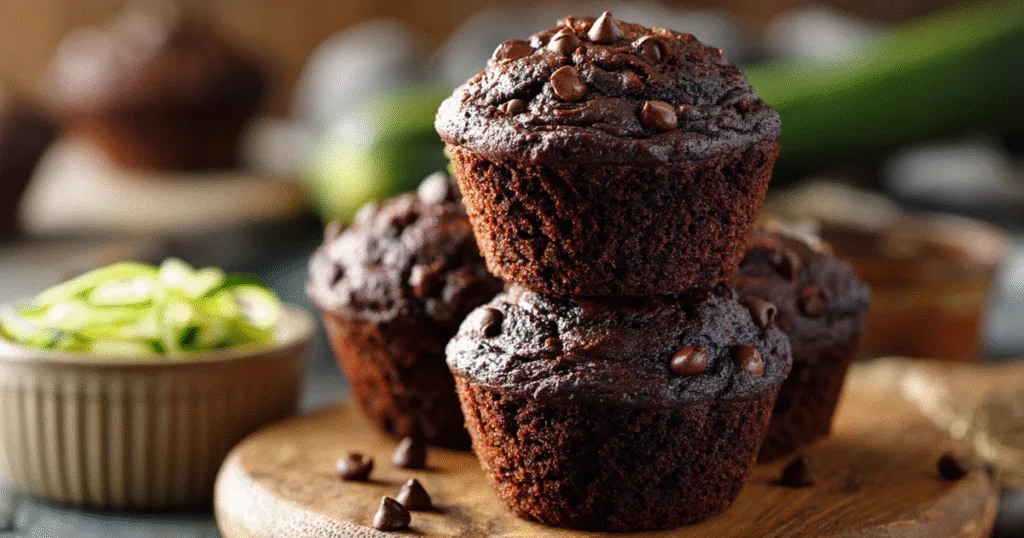 chocolate zucchini muffins freshly baked in muffin tin