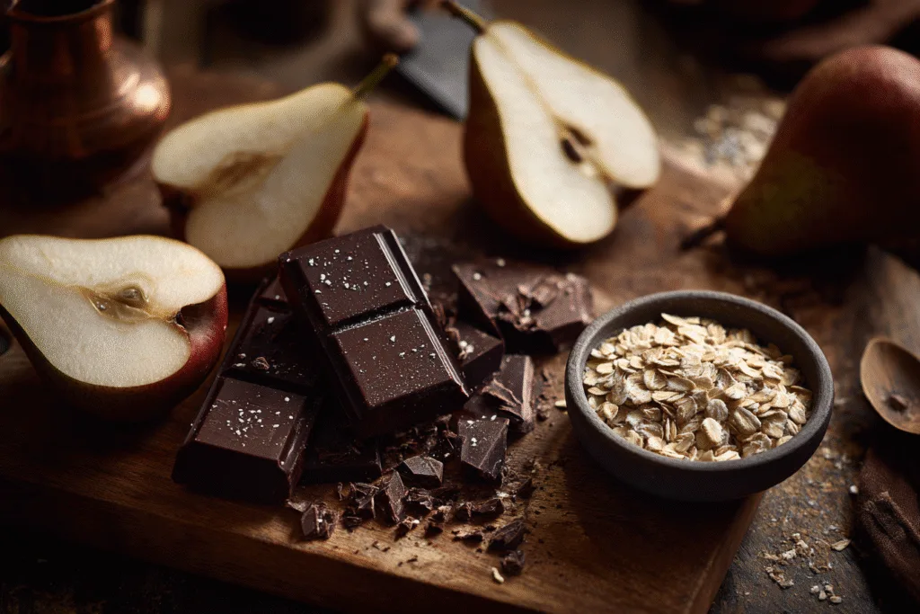 Chocolate and pear ingredients for pear crumble
