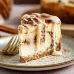 sliced cinnamon roll cheesecake with cinnamon icing drizzle