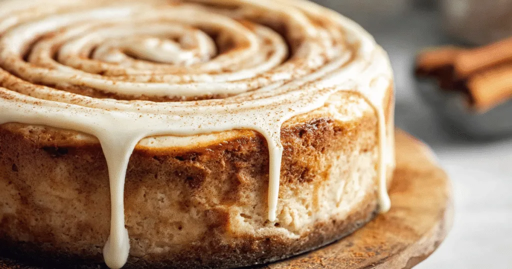 cinnamon roll cheesecake on rustic table with icing