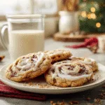 Final serving of homemade cinnamon roll cookies with glass of milk