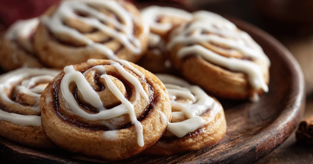 Bakery-style cinnamon roll cookies with cream cheese frosting on a rustic tray