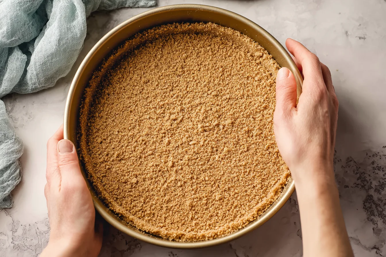 cinnamon roll cheesecake crust being pressed into pan