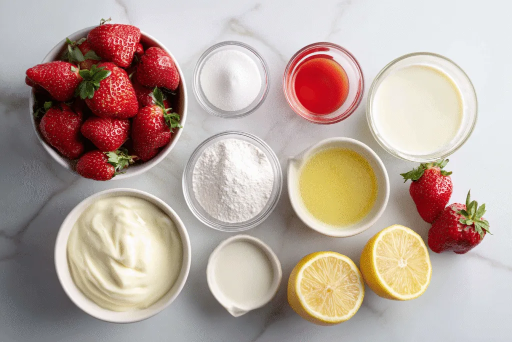 Ingredients for strawberry panna cotta arranged on a counter