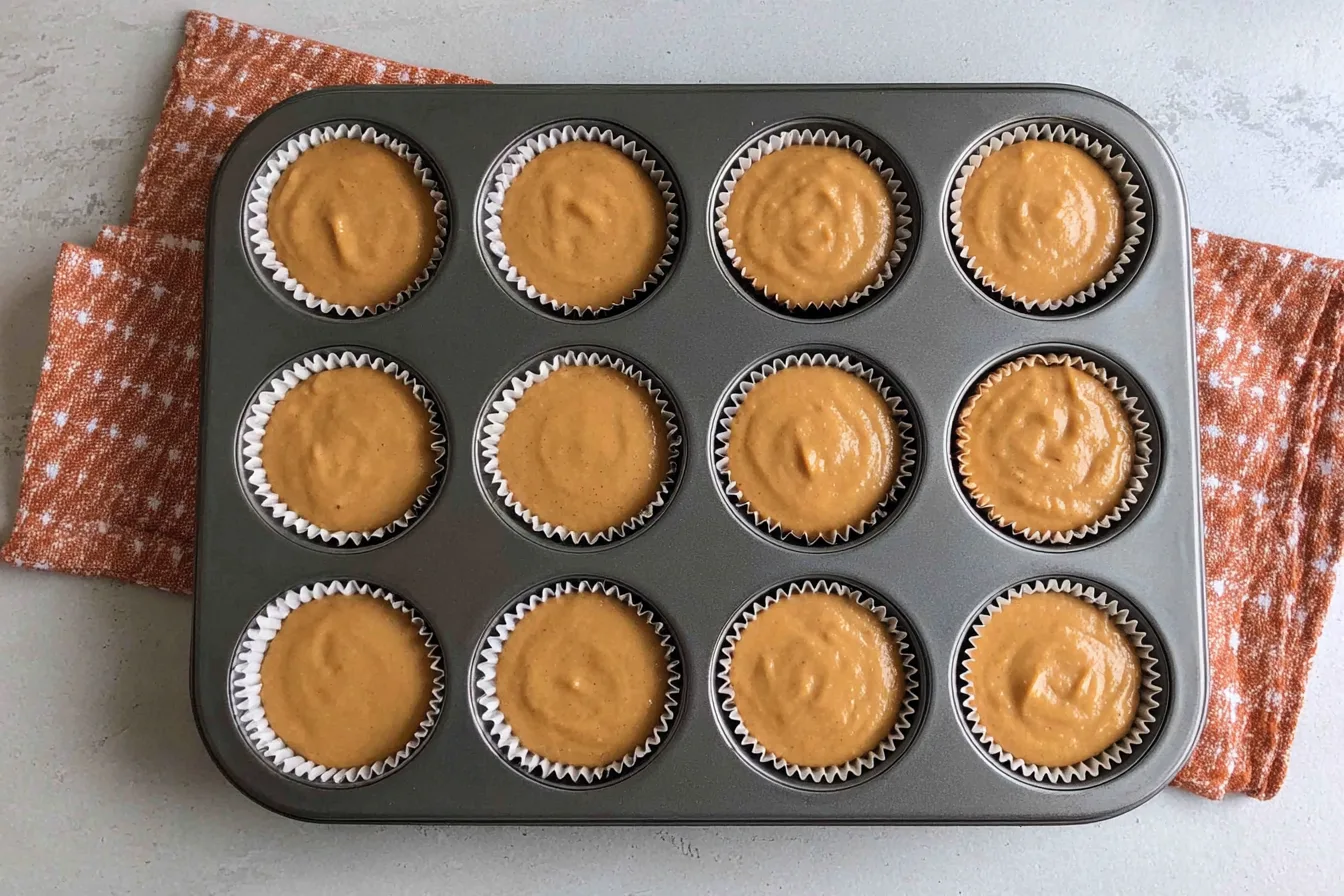 Filling mini muffin tray with pumpkin muffin batter