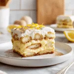 plated slice of lemon tiramisu with garnish
