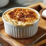 Final baked rice pudding served in white ramekin