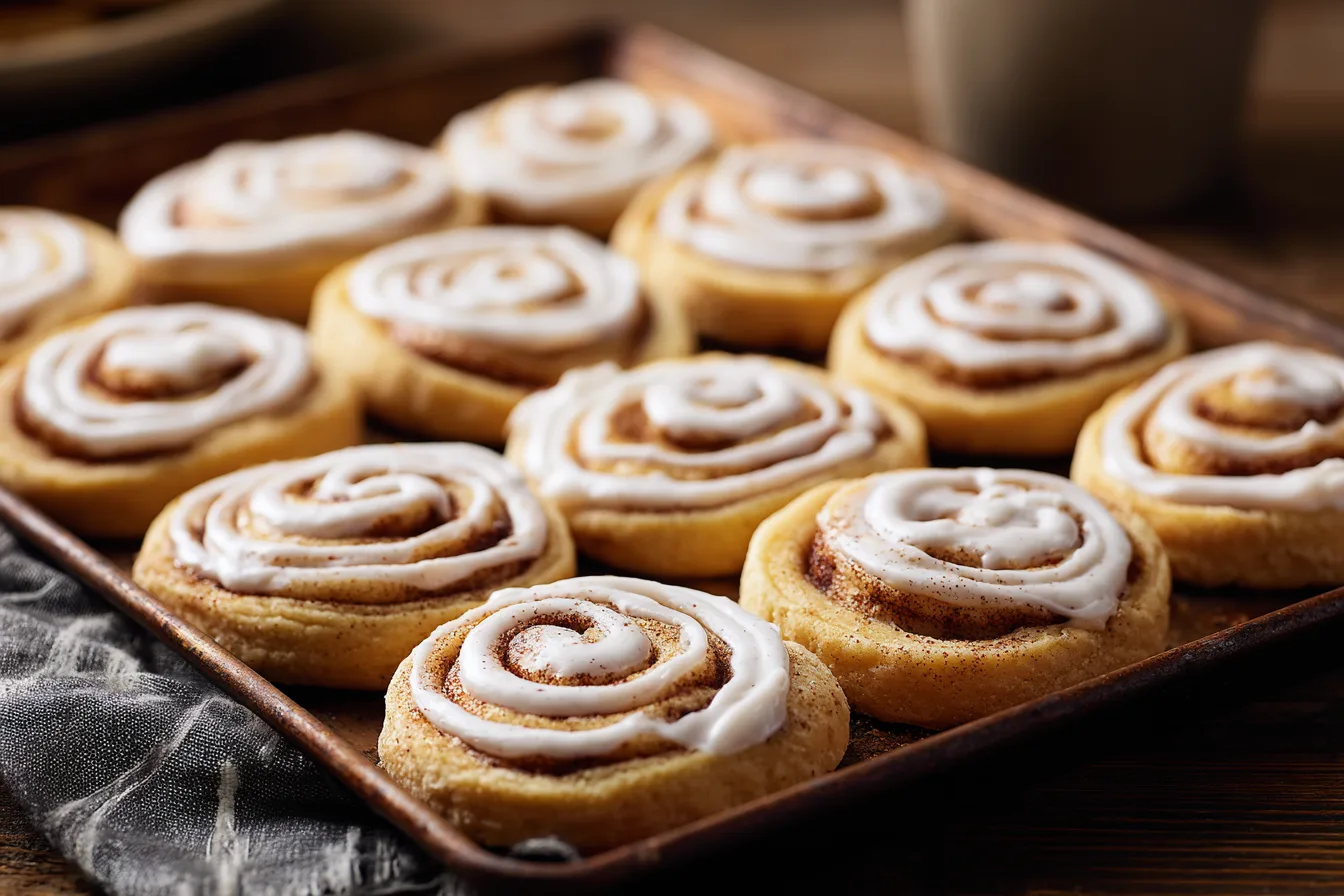Drizzling cream cheese frosting over cinnamon roll cookies