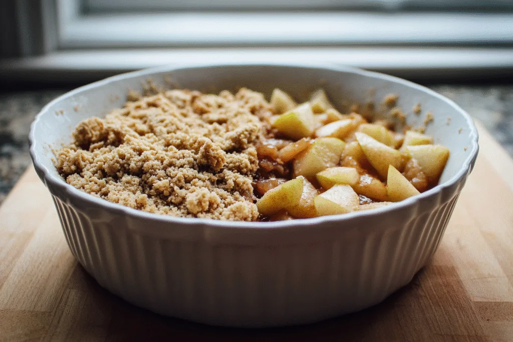 Pear crumble in assembly with visible filling and topping layers