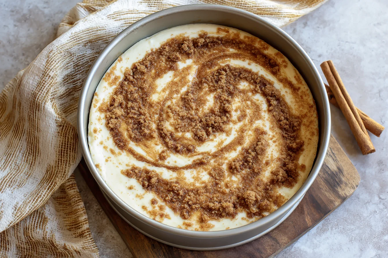 layering and swirling cinnamon roll cheesecake batter