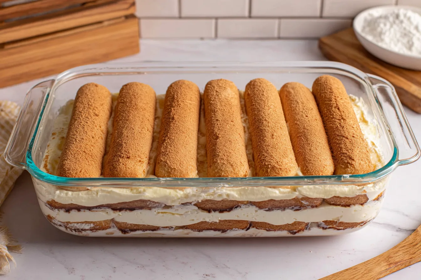 layering lemon tiramisu with cream and soaked biscuits