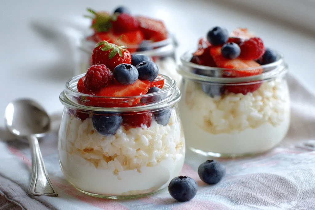 Leftover baked rice pudding served in parfait jars