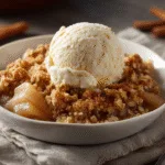 Pear crumble with ice cream in white dessert bowl