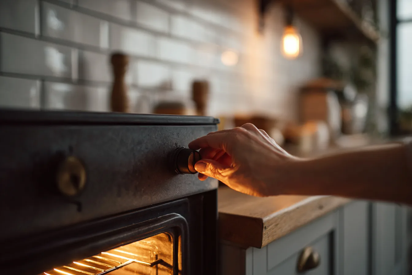 Preheating oven for mini pumpkin muffins in farmhouse kitchen