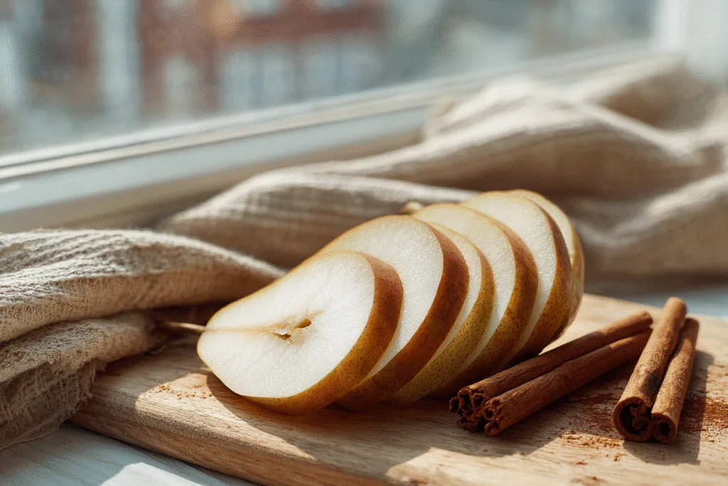 Fresh pear slices and spices ready for pear crumble