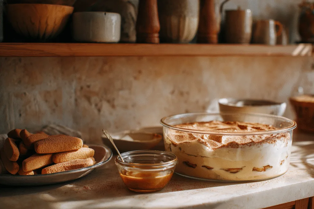 Pumpkin chai tiramisu preparation with chai tea and mascarpone