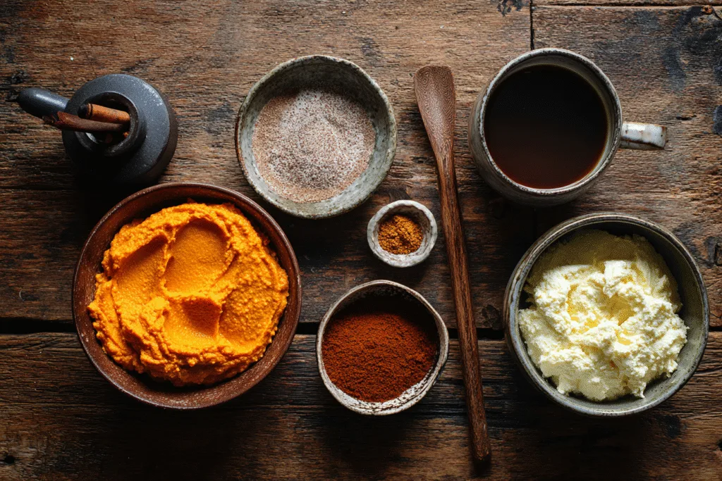 Pumpkin chai tiramisu ingredients including chai tea and pumpkin puree