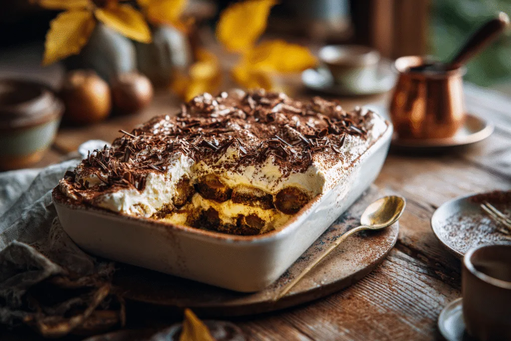 Pumpkin chai tiramisu served with autumn garnish