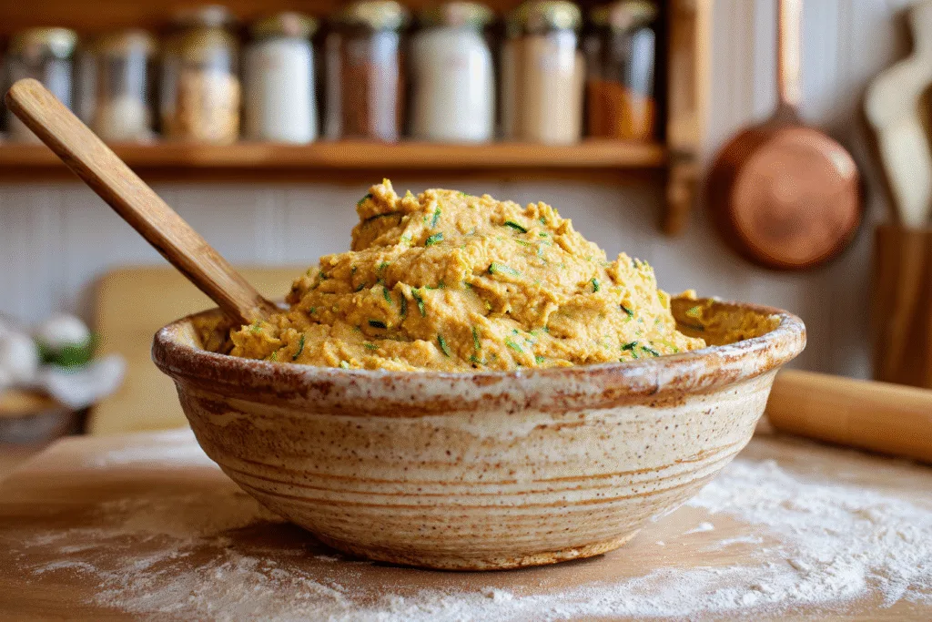 Mixing bowl of pumpkin zucchini bread batter